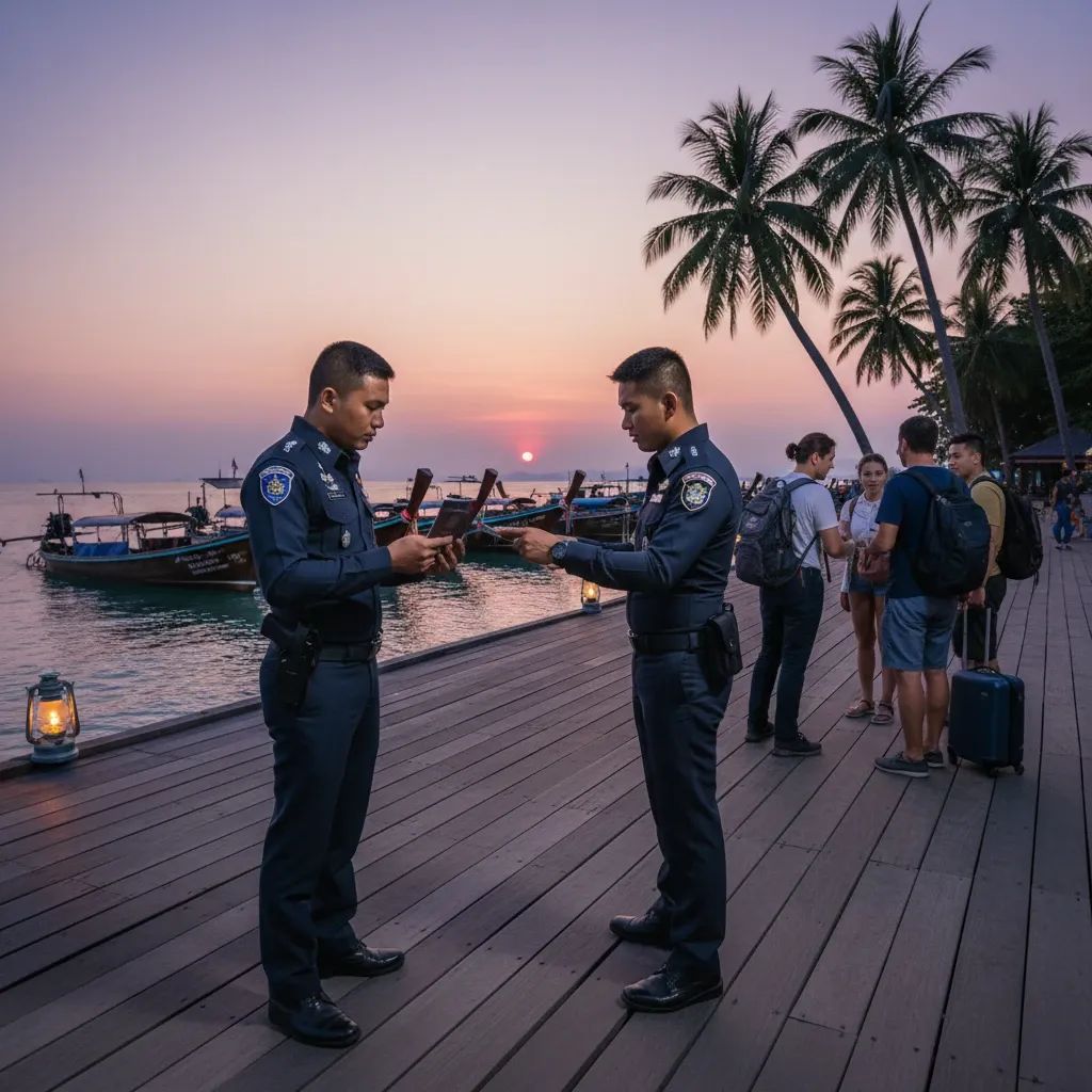 Thai tourist police checking travellers’ IDs at Koh Phangan pier after major drug bust