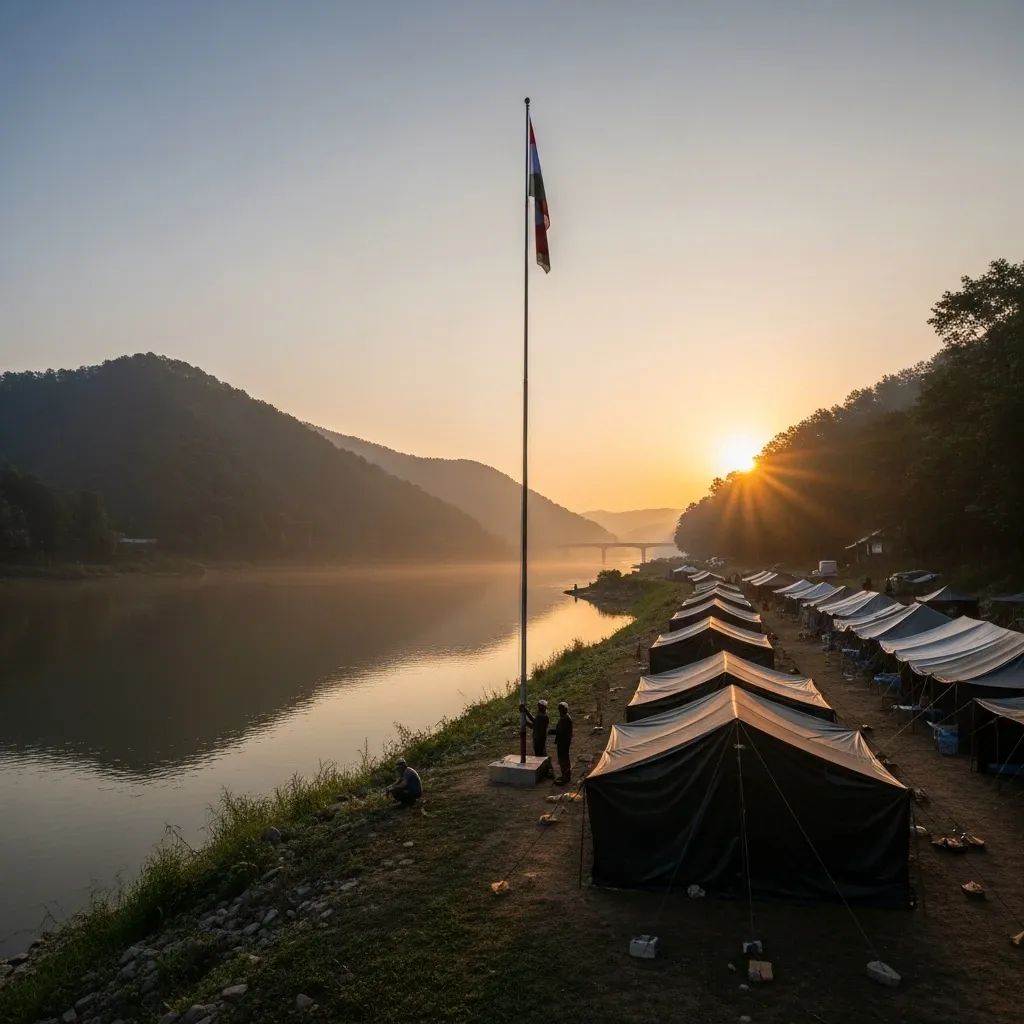 Wide view of Moei River border camp with a new flagpole and forested hills at dawn