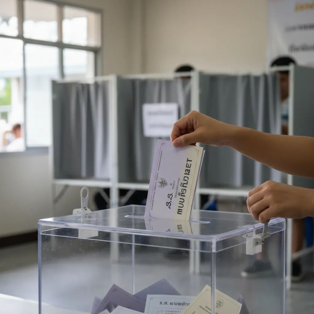 Hands placing a light purple referendum ballot and an MP ballot into a transparent box at a Thai polling station