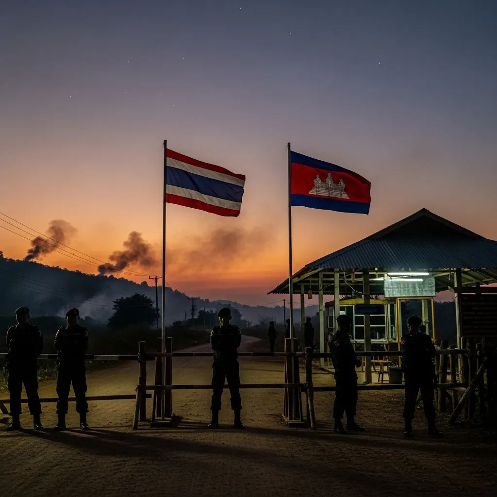 Rural Thai-Cambodian border checkpoint with flags and smoke rising from distant hills