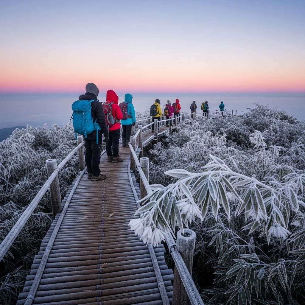 Frost-covered Doi Inthanon summit with hikers on bamboo walkway at sunrise