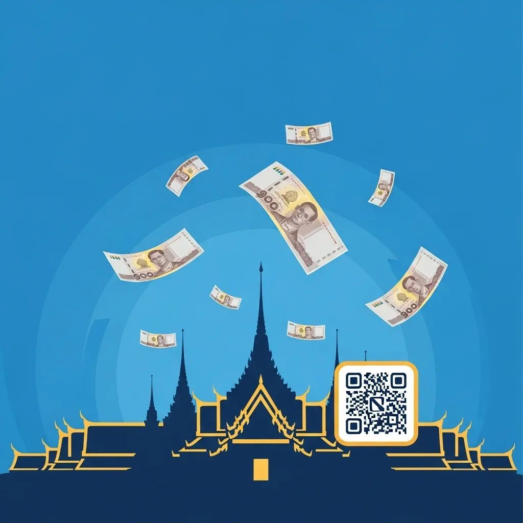 Infographic of a Thai temple silhouette with floating banknotes and a QR code representing e-donations