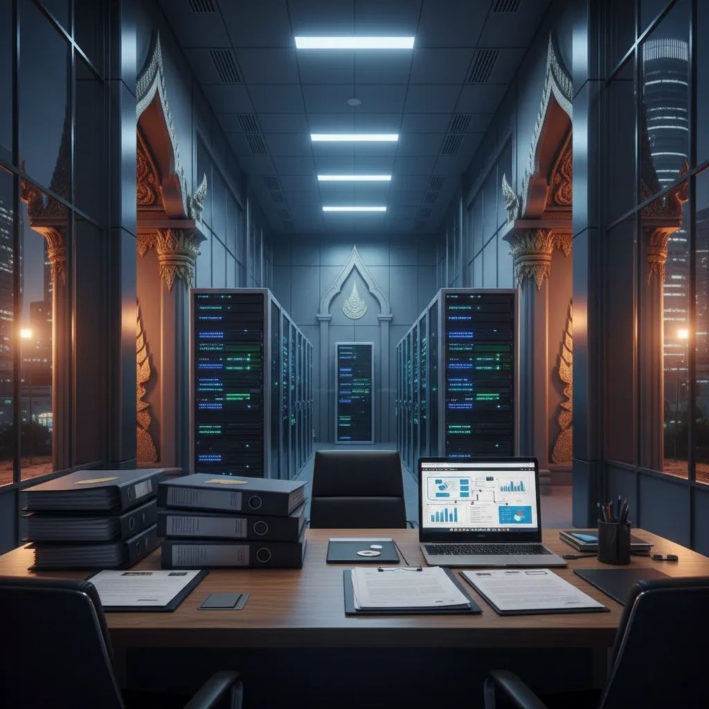 Data center servers with compliance documentation and regulatory materials on desk