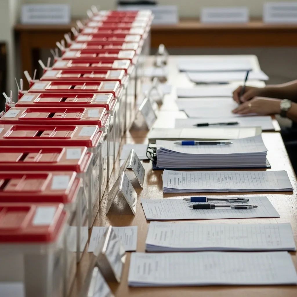 Mid-distance view of sealed ballot boxes and a registration desk at a Thai polling station