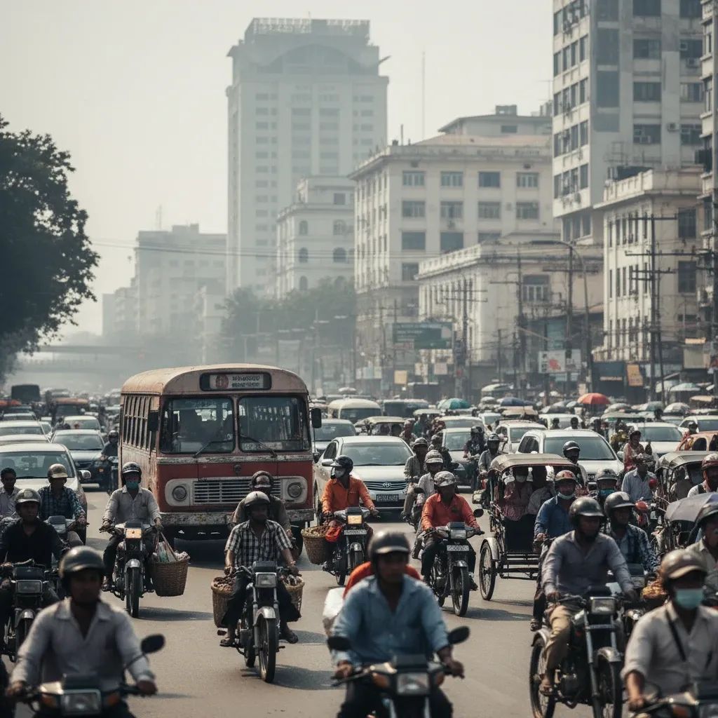 Yangon street with mixed traffic and residents navigating daily commute amid fuel rationing