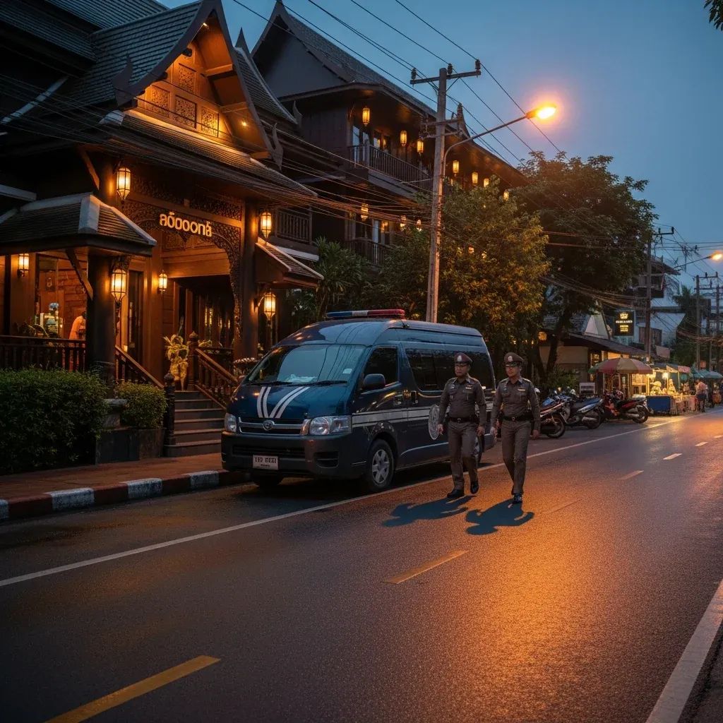 Pre-dawn raid at a Chiang Mai boutique hotel with police van and officers outside