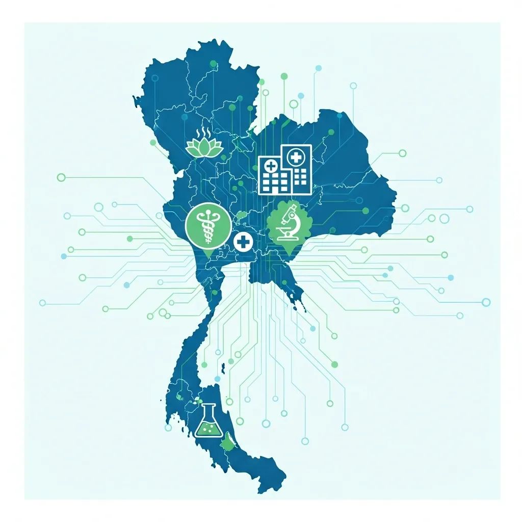 Infographic map of Thailand showing wellness tourism, hospital, and AI network icons