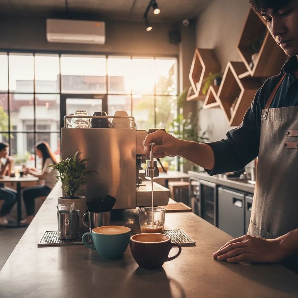 Barista in Thai cafe dispensing coffee using half sugar syrup pump