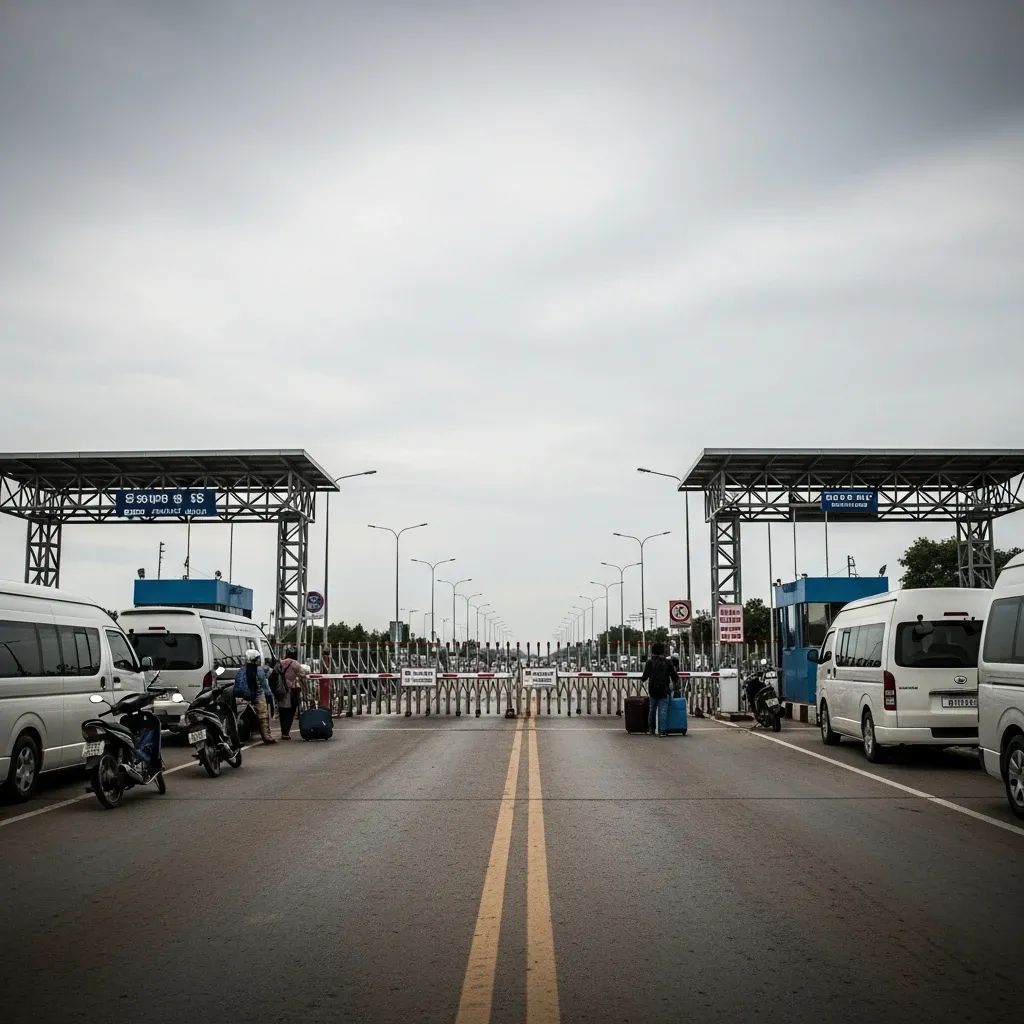 Deserted Poipet border checkpoint with closed gates, parked vans and travelers waiting