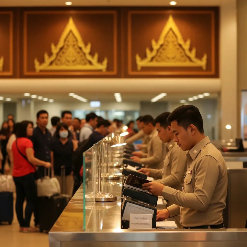 Immigration officers checking passports at a Thailand immigration checkpoint