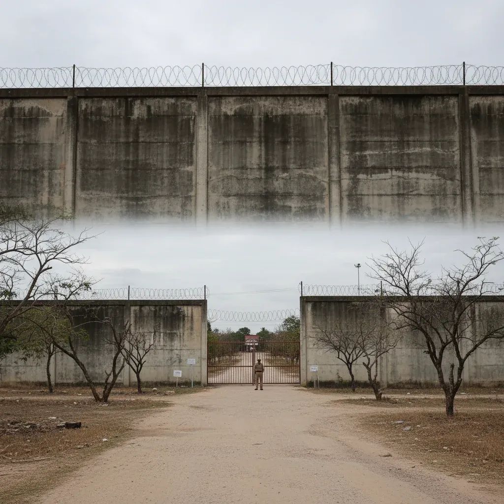 Exterior view of Klongprem Central Prison with barbed wire-topped walls and officer near the gate
