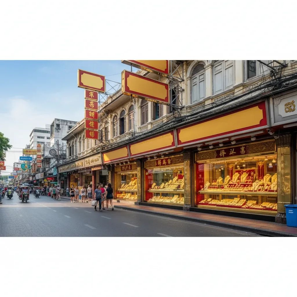Bangkok's Yaowarat Road gold shops displaying merchandise in storefront windows