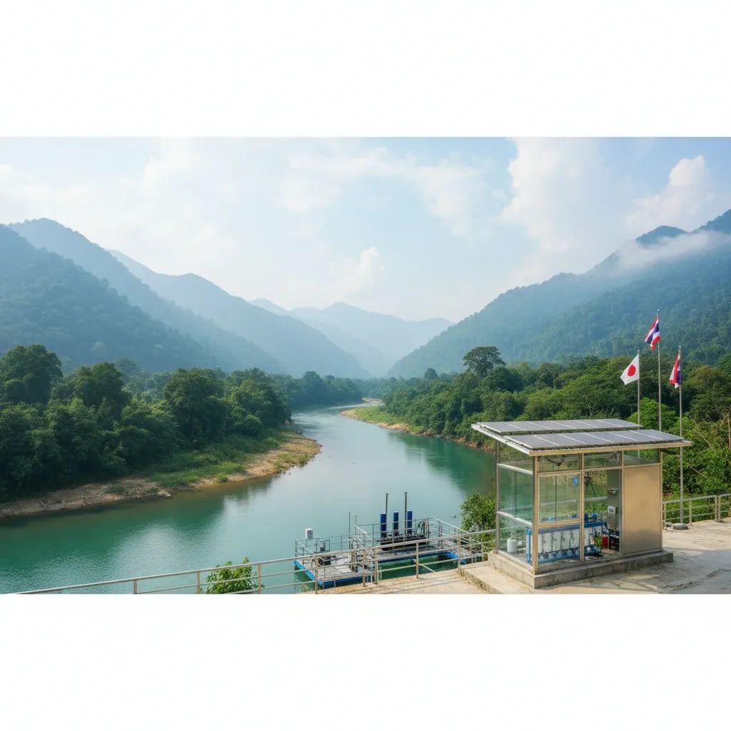 Northern Thailand river landscape with testing infrastructure and mountain backdrop for water contamination investigation