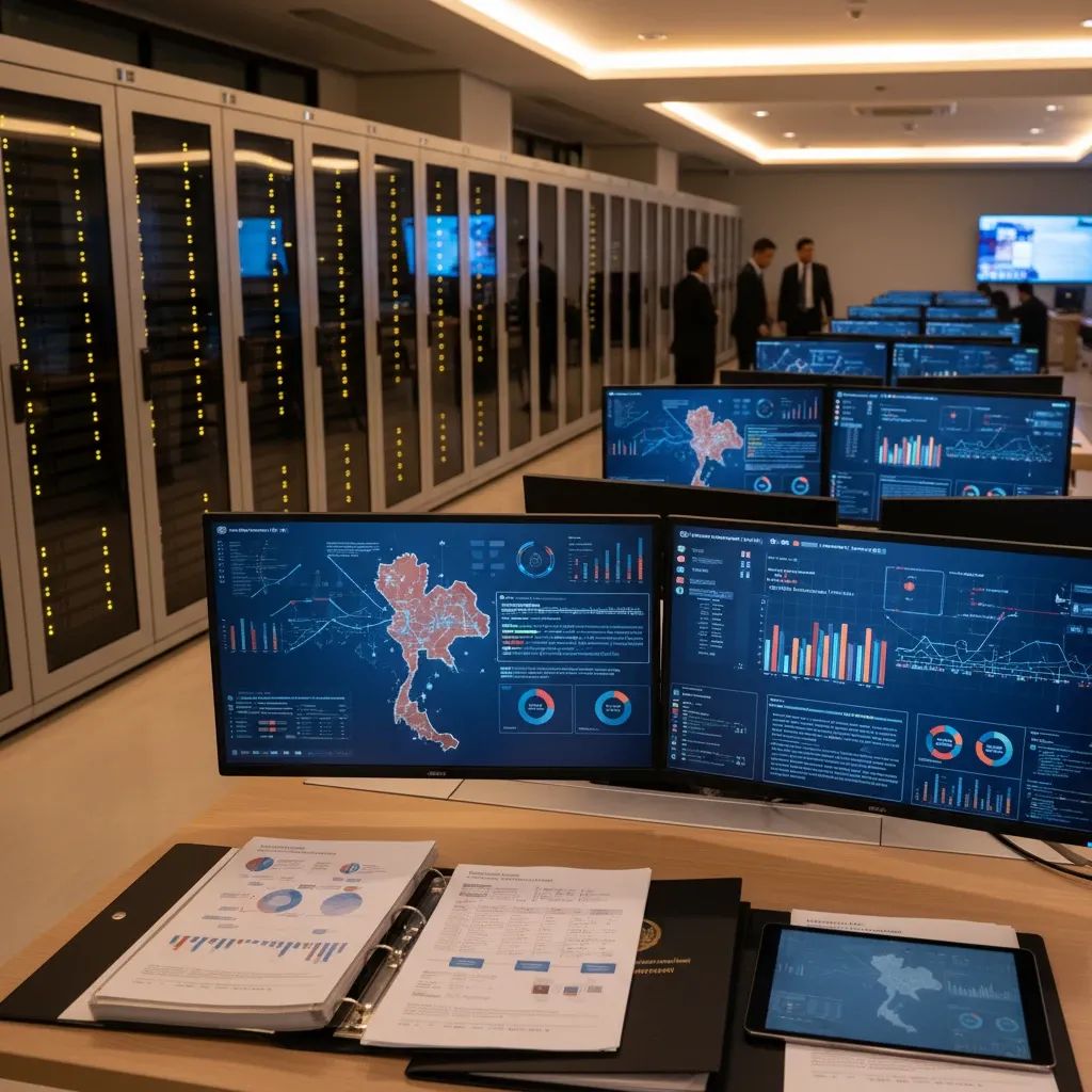 Thai government office with database servers and policy documents representing welfare system overhaul