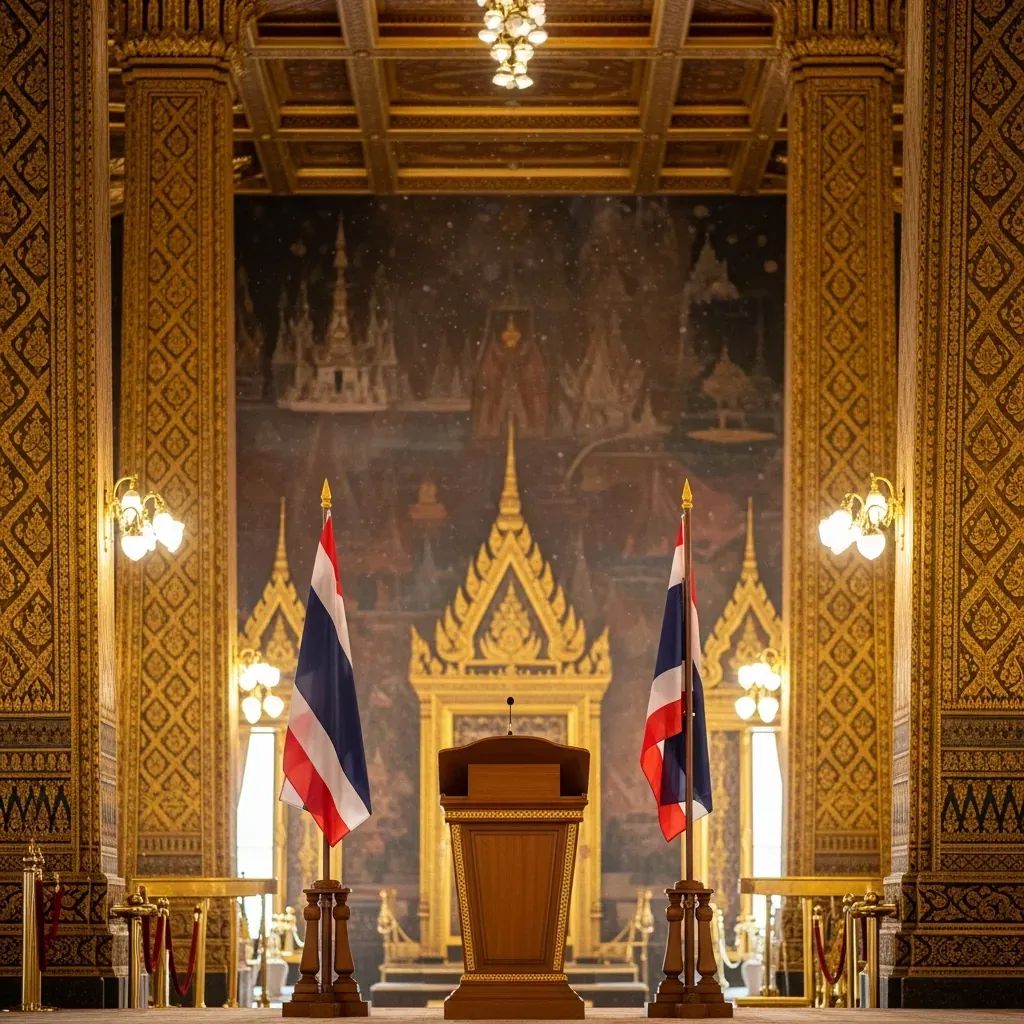 Empty lectern in grand Thai royal hall with Thai flags and ornate gold decorations