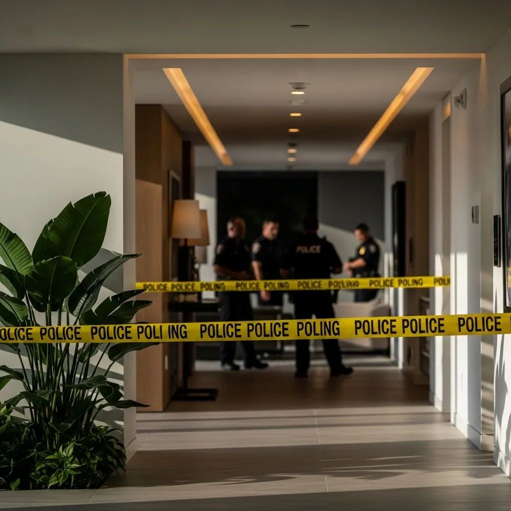 Police barrier tape and blurred officers at modern condo entrance in Hua Hin during arrest operation