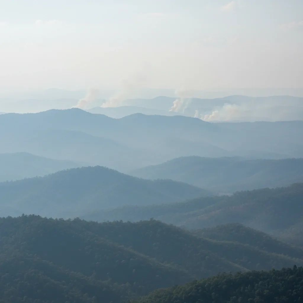 Hazy mountain landscape showing air pollution effects in northern Thailand