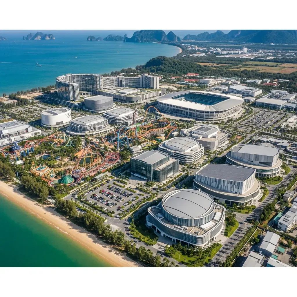 Aerial view of proposed entertainment complex in Chonburi EEC with theme park, stadium and concert halls