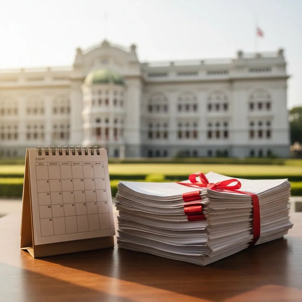 Official documents and blank calendar in front of Thailand’s Government House, highlighting urgent charter timeline