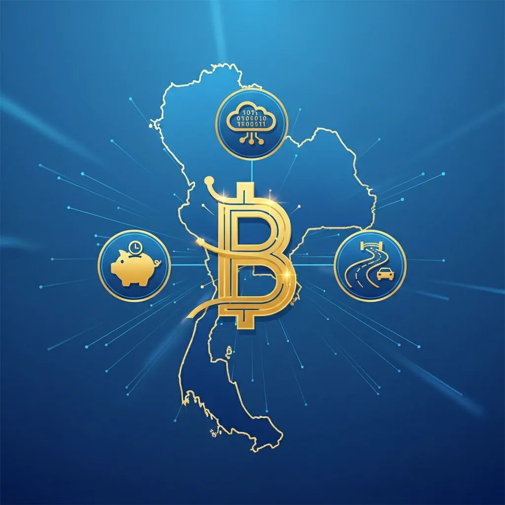 Illustration of Thailand map with baht symbol and icons for pensions, roads, and digital data transparency