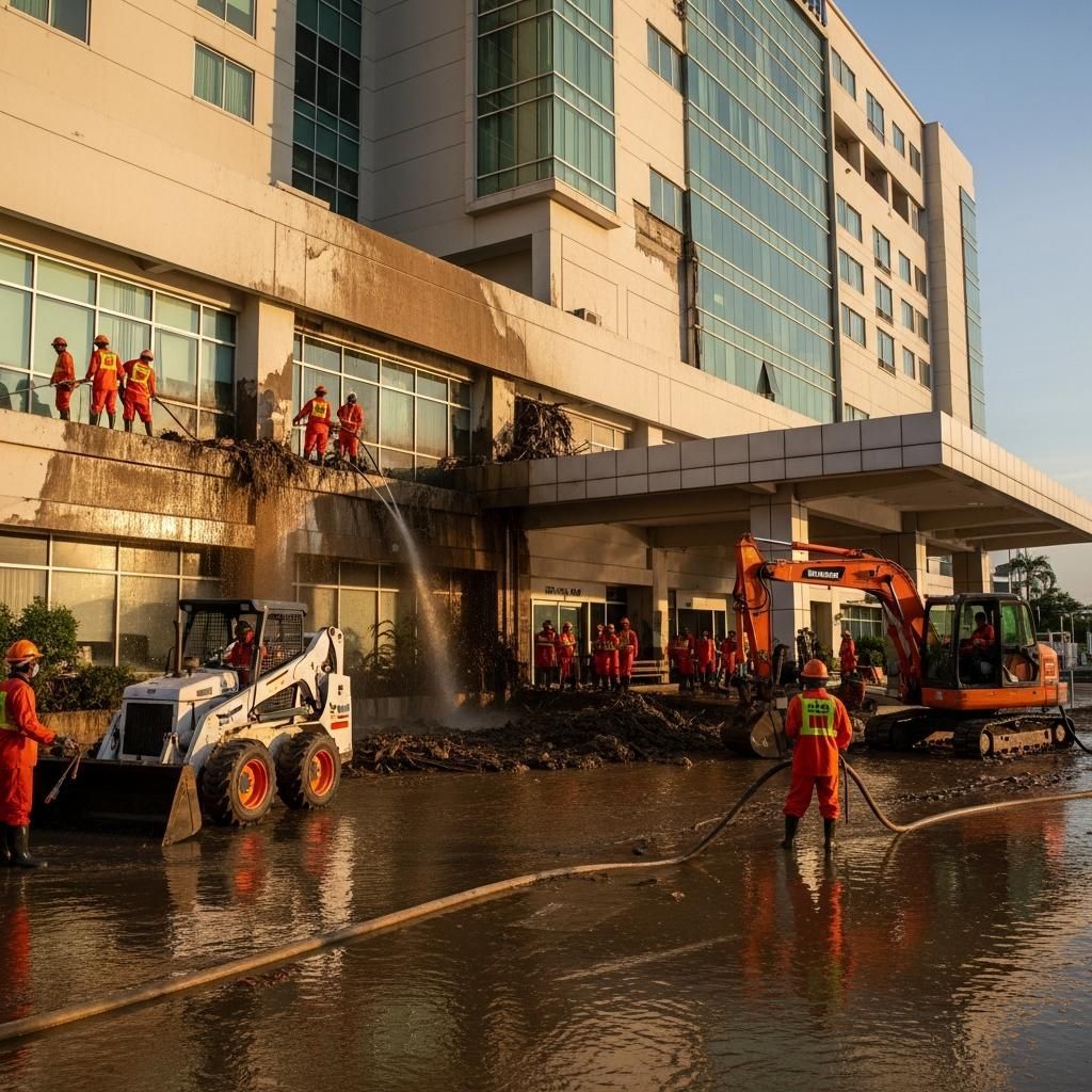 Cleanup crews with heavy machinery at flood-damaged Hatyai Hospital exterior in Songkhla