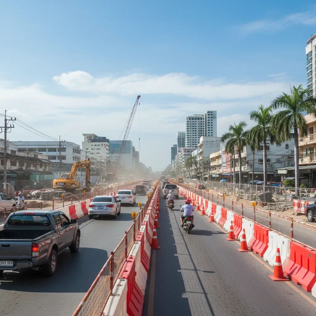 Construction barriers and single-lane traffic on Pattaya's eastern railway road during infrastructure work