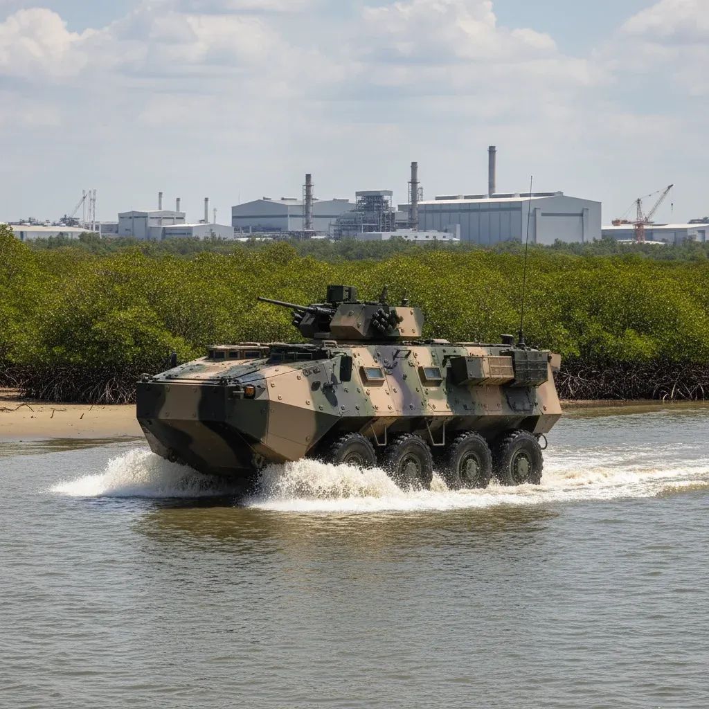 Thai-made AWAV 8x8 amphibious vehicle during patrol operations in coastal mangrove terrain