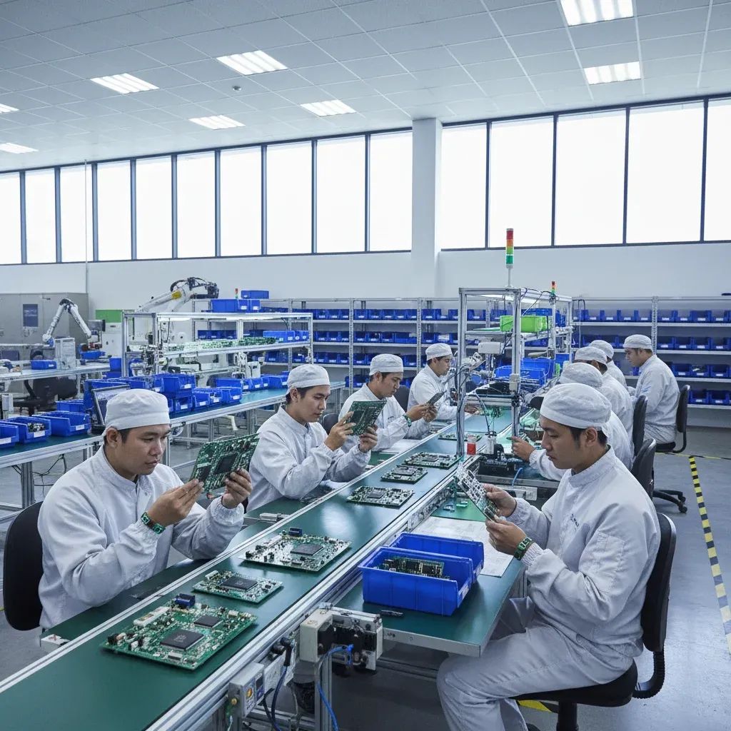 Thai electronics manufacturing workers assembling semiconductor components in modern factory
