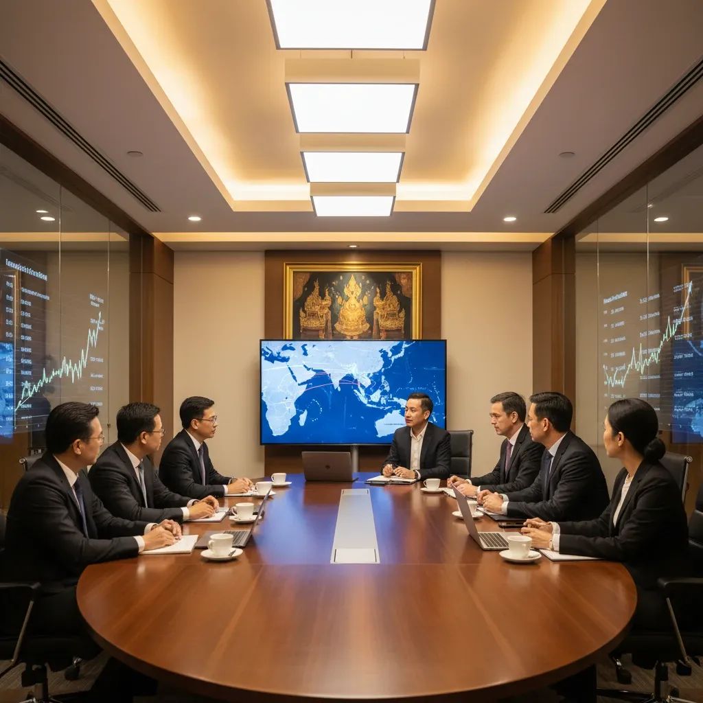 Southeast Asian business leaders in modern conference room discussing trade policy and regional partnerships