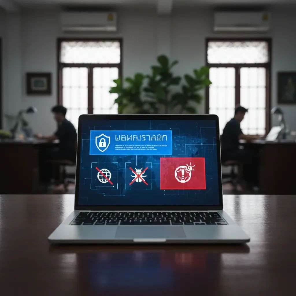 Cybersecurity breach alert displayed on computer screen with warning symbols
