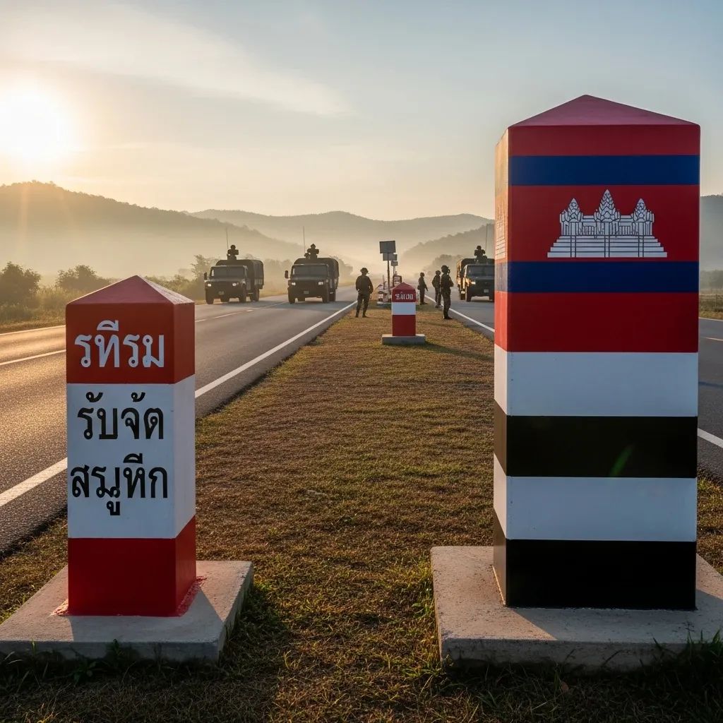 Empty Thai-Cambodia border checkpoint at dawn with distant soldiers and border markers