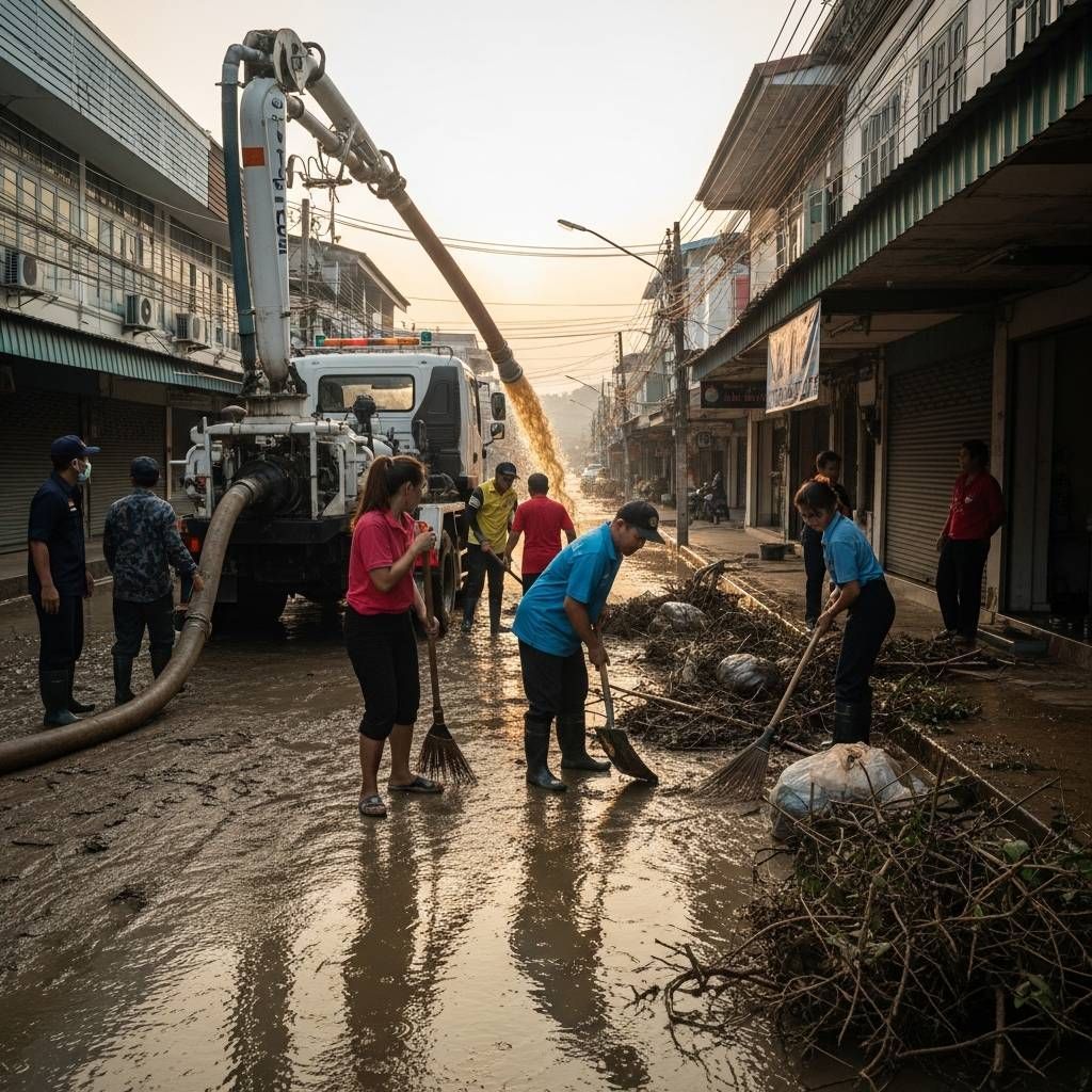 Volunteers and pump truck clearing flood debris from a muddy Hat Yai street after heavy rains