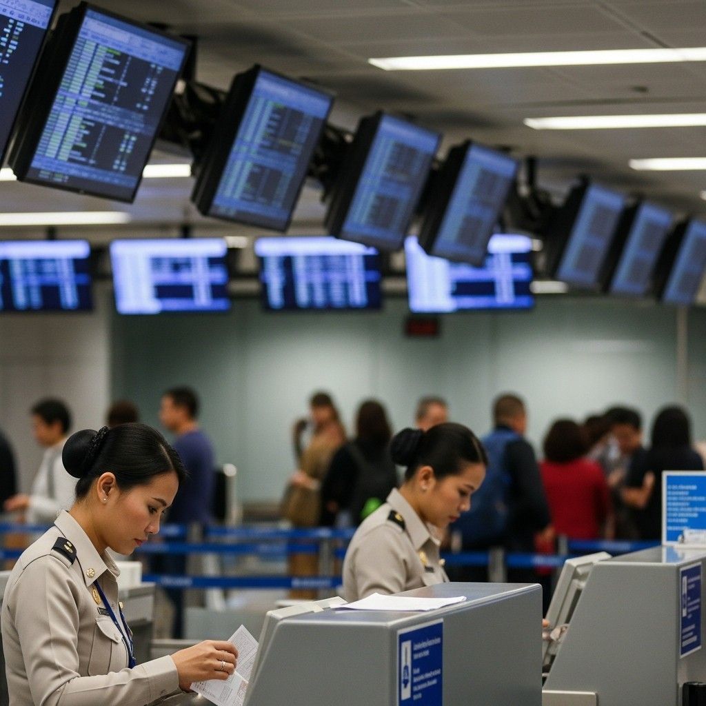 Thai immigration officers checking passports at an airport control desk with data screens in the background