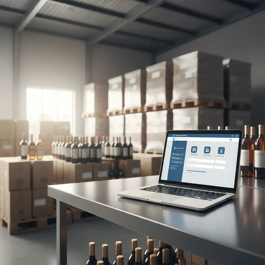 Laptop showing online permit portal beside pallets of wine and liquor in a warehouse
