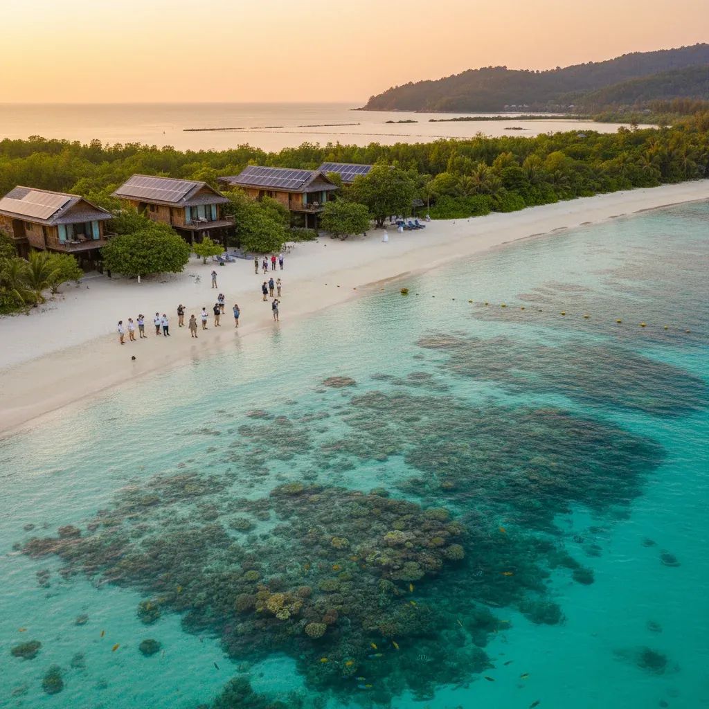 Sustainable tourism practices in Phuket featuring mangrove restoration and eco-friendly beach resort with clear waters