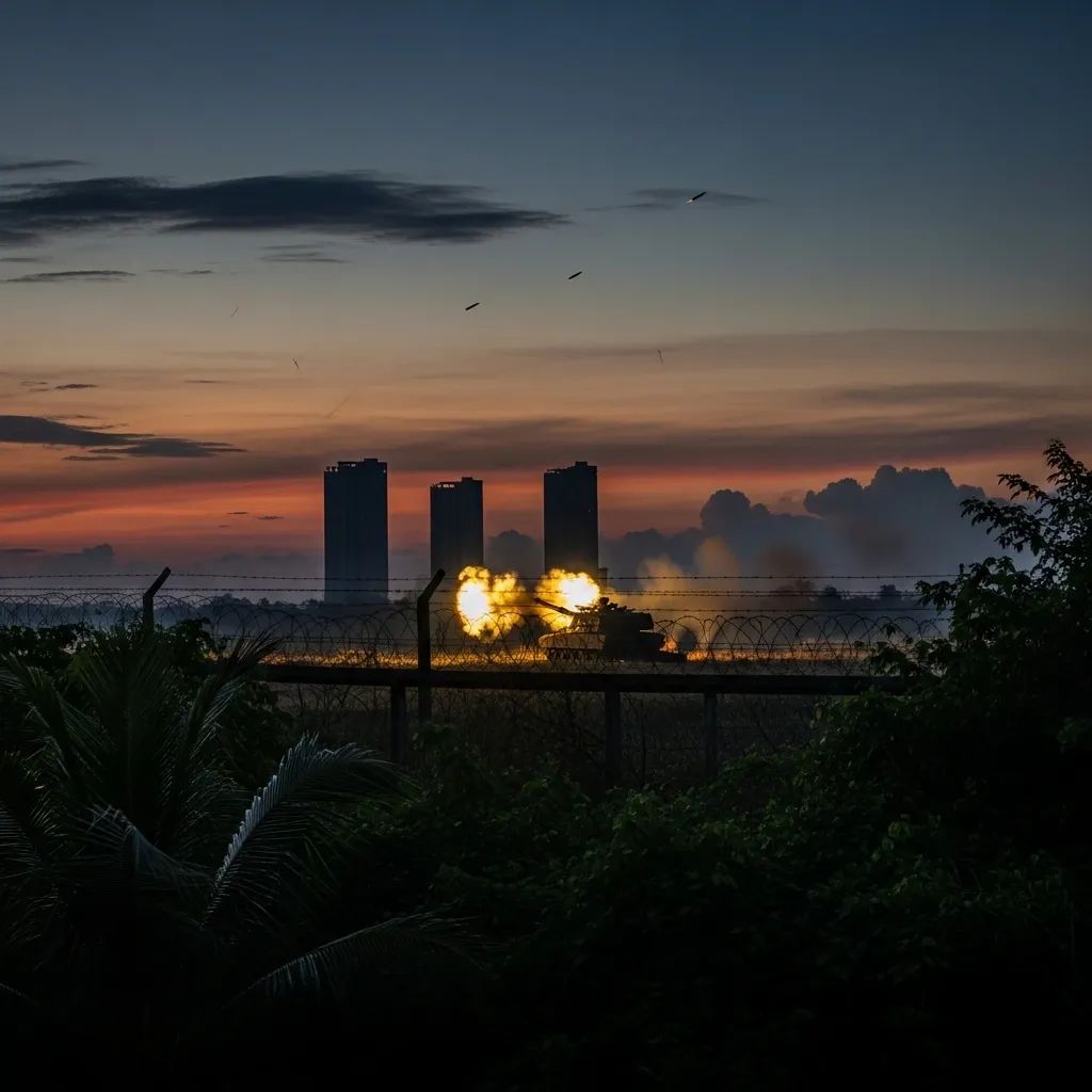 Artillery firing across the Thailand-Cambodia border near Poipet towers at dusk