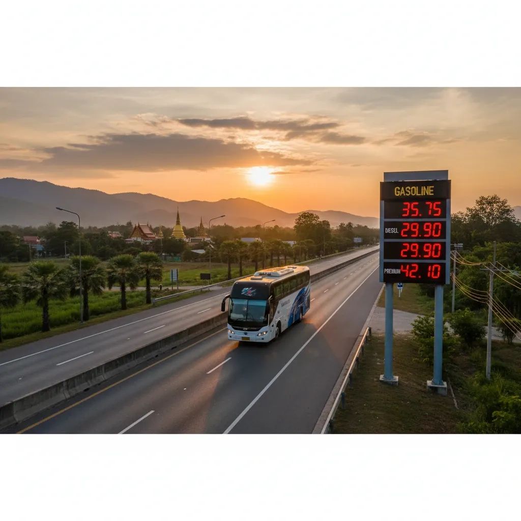 Long-distance interprovincial bus on Thai highway with fuel price signage and landscape