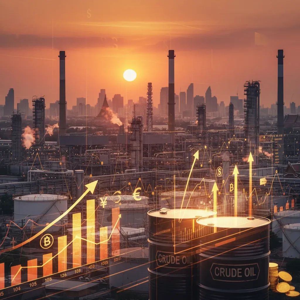 Financial charts showing oil prices and economic indicators with Thai energy infrastructure in background