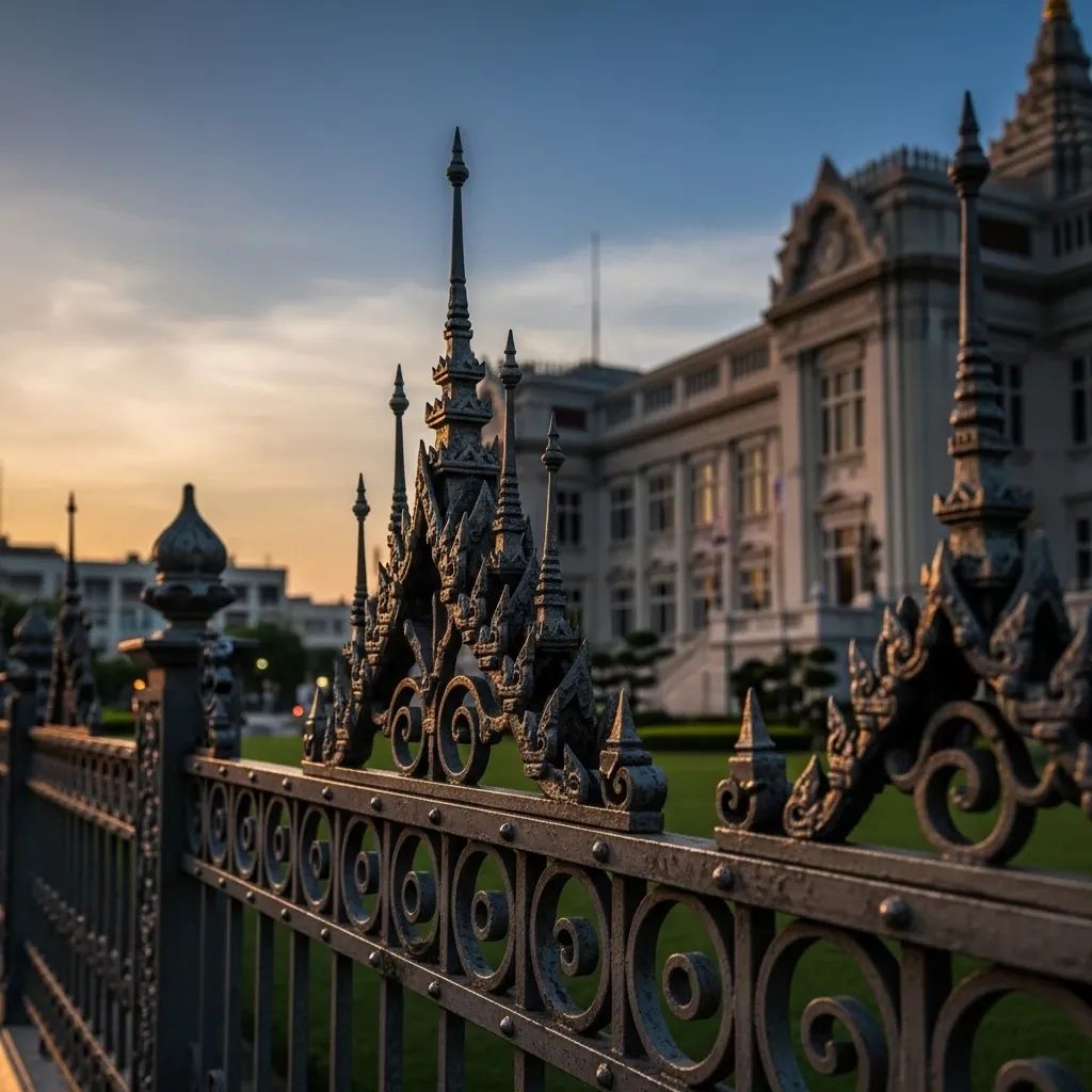 Ornate iron fence bars in front of a blurred Thai government building
