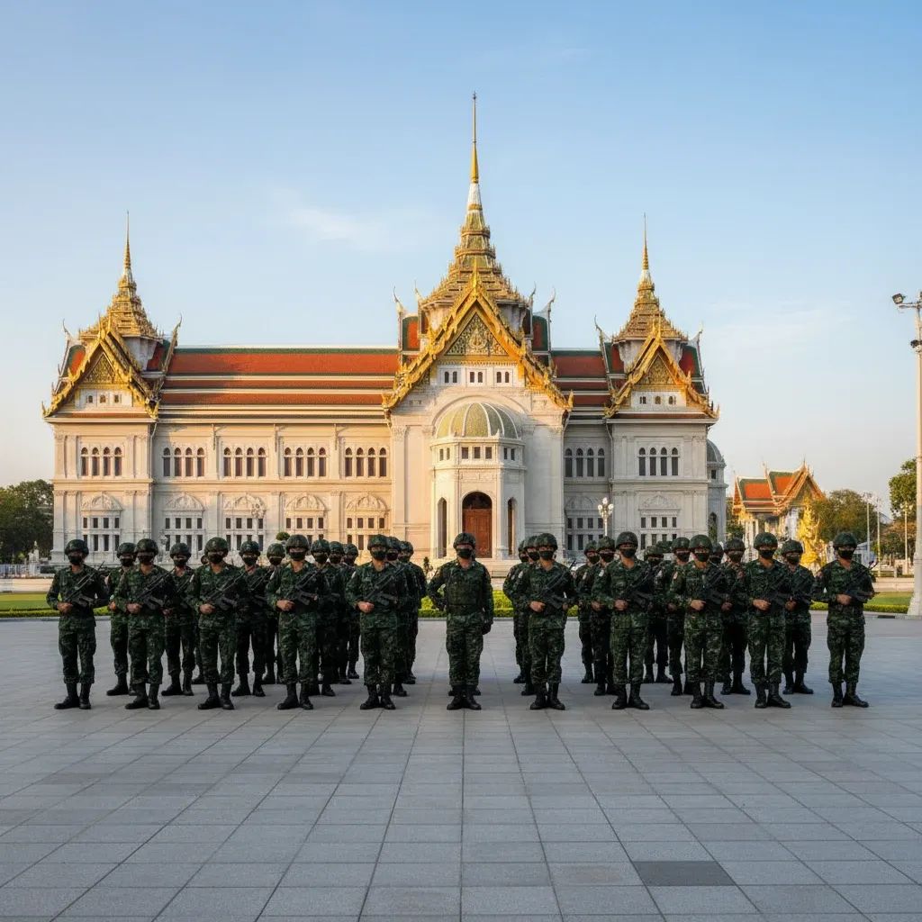 Thai army soldiers in uniform standing in formation outside a government building