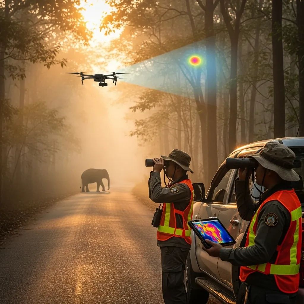 Rangers searching for an injured elephant on a misty forest road in Khao Yai