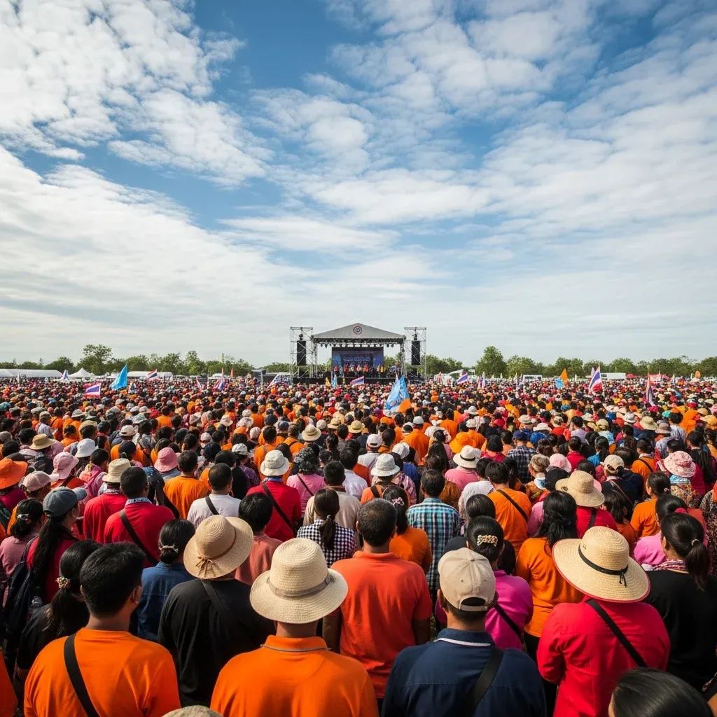 Crowd at rural Thai political rally wearing orange and red shirts before election