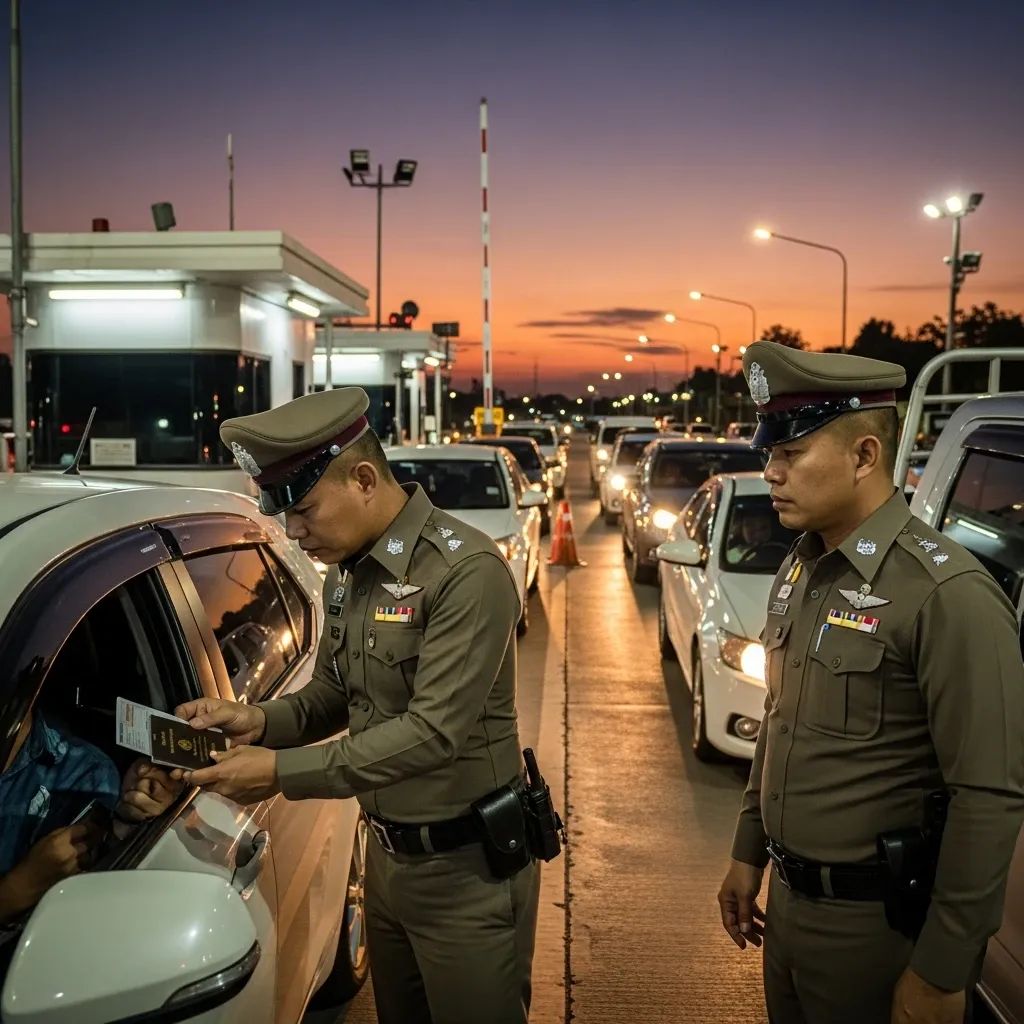 Thai police officers inspecting travel documents at a border checkpoint during a trafficking crackdown
