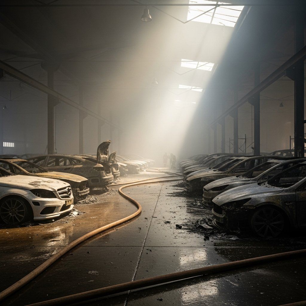 Charred luxury cars and melted Tesla frames inside a smoke-filled warehouse after a fire