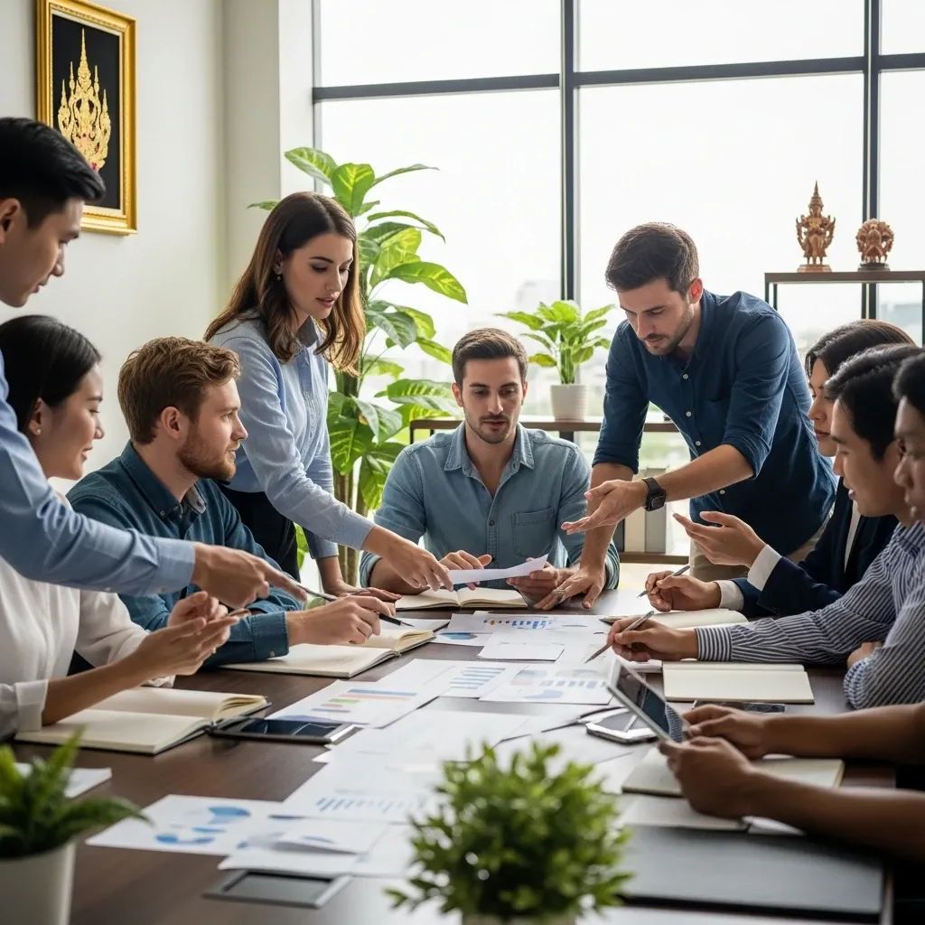 Young Democratic Party leaders strategizing in a modern office with green accents