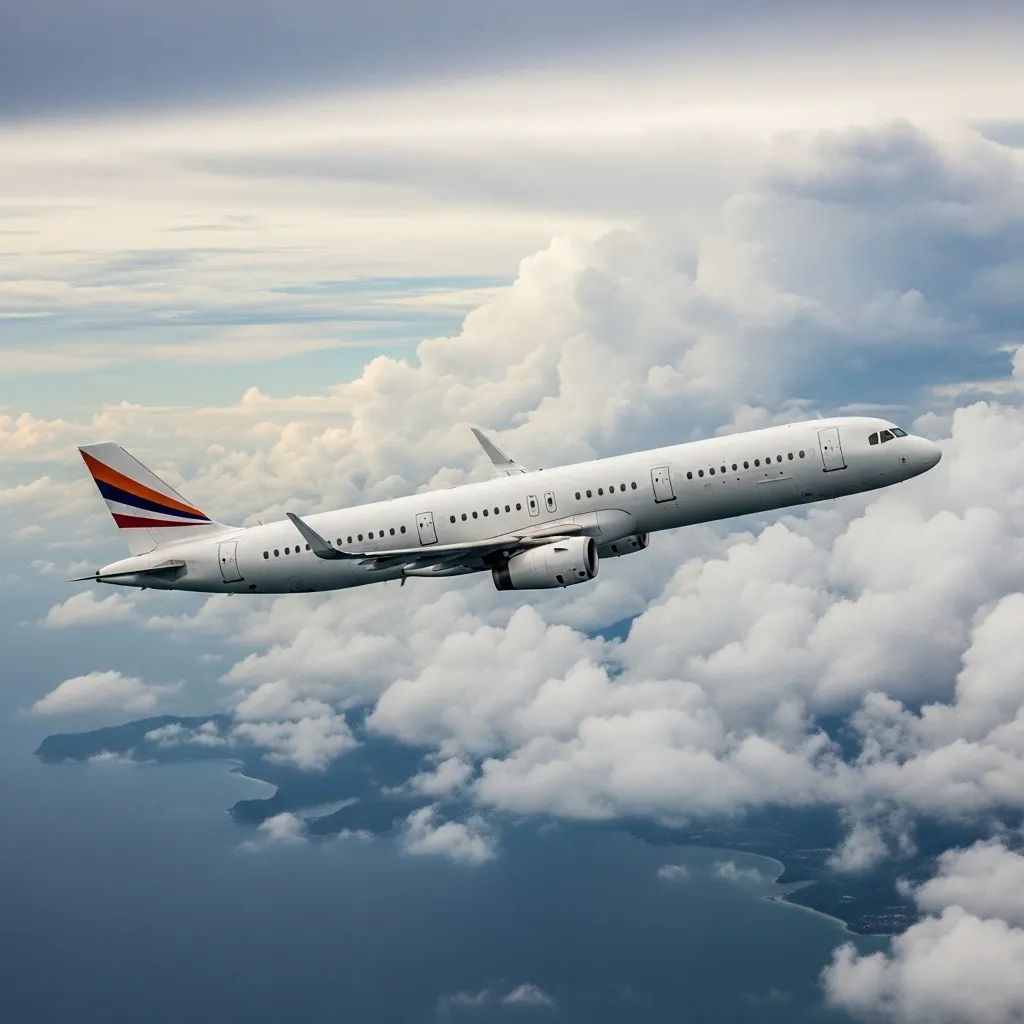 Airbus A321 jet flying through turbulent clouds above the Andaman Sea near Phuket