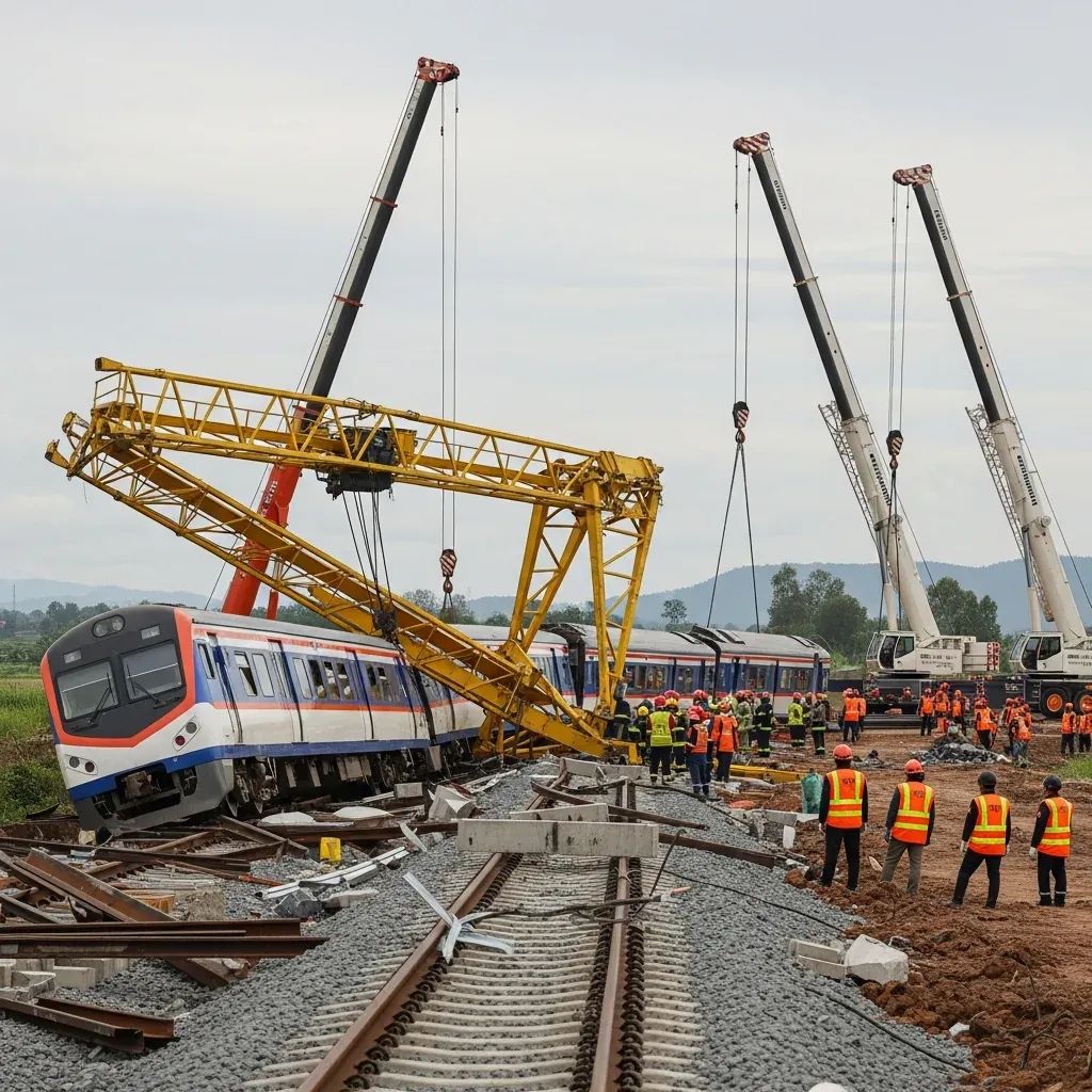 Derailed express train crushed by a gantry crane at a rural Thai rail construction site