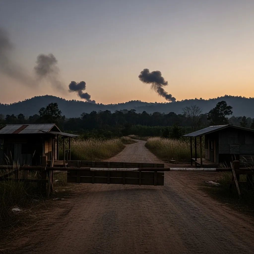 Closed rural border checkpoint on the Thailand–Cambodia frontier with artillery smoke over forested hills