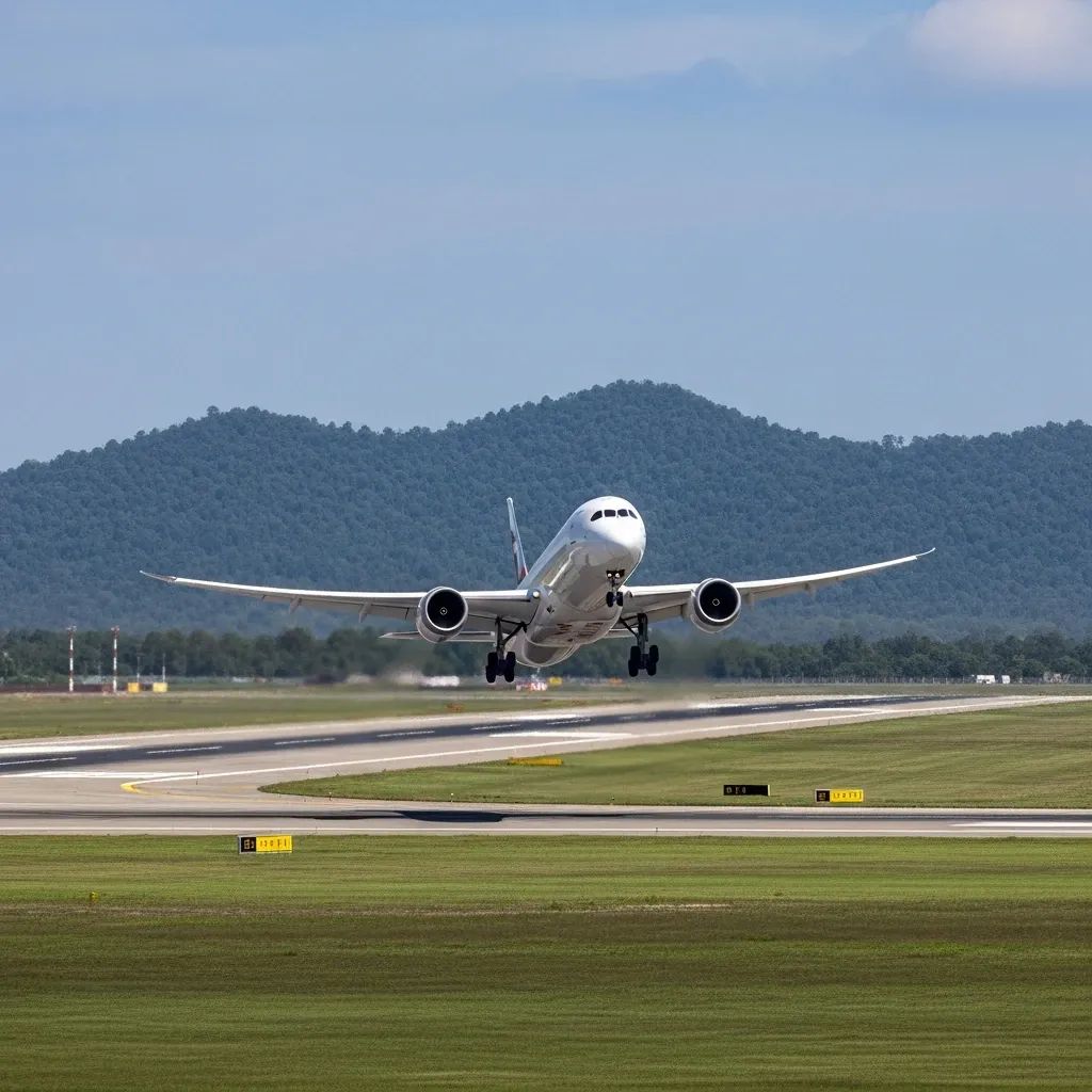 Passenger jet taking off from a Thai airport runway with distant border hills in the background