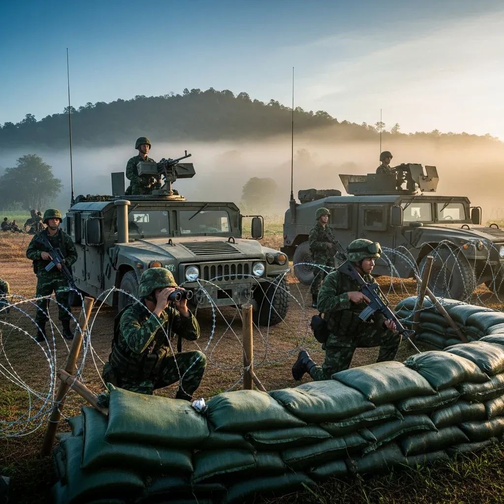 Thai soldiers patrolling a rural border checkpoint with armored vehicles and sandbag defenses
